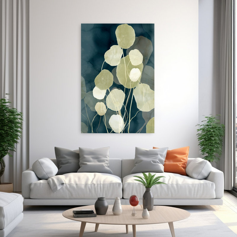 «Floating Leaves Against Deep Blue», art mural contemporain abstrait, H 60 po x l 40 po
