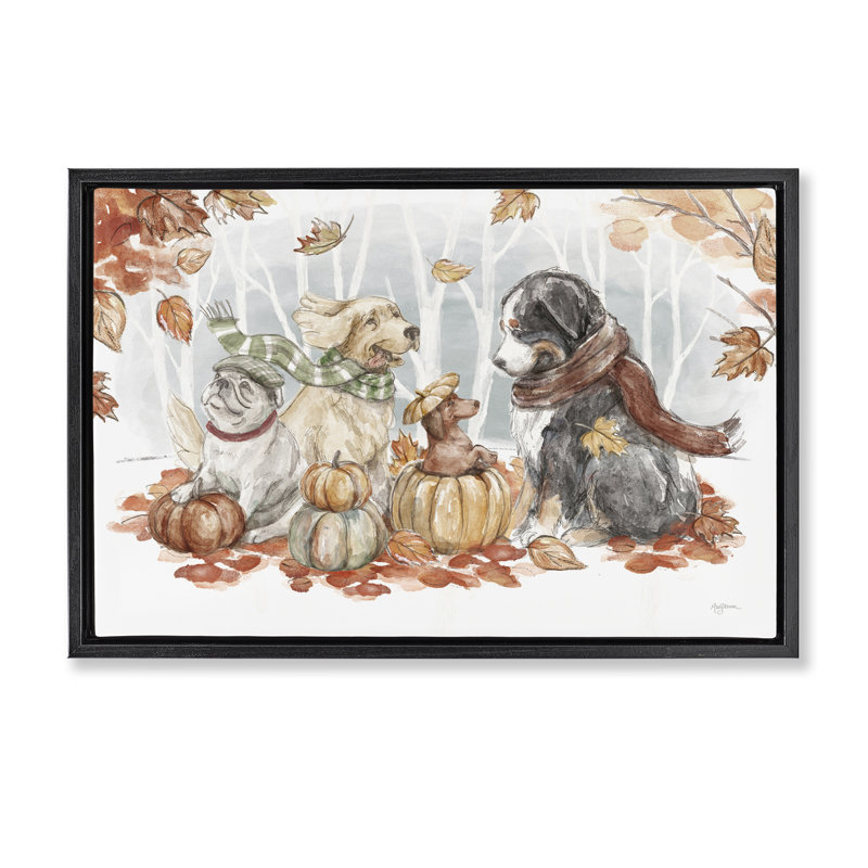 «Autumn Fun Dogs» par Mary Urban, Cadre flottant noir de jais, H 21 po x l 31 po