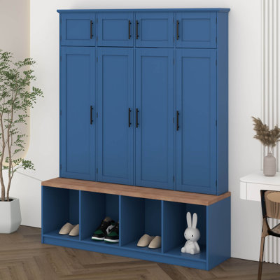 Arbre d'entrée de style campagnard avec 4 crochets cachés, banc polyvalent en noyer avec 8 portes, armoire à chaussures d'entrée avec compartiments ouverts