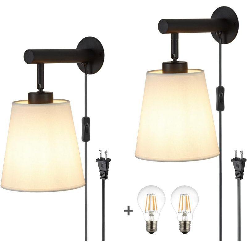 Plug-In Wall Sconces Set Of 2 With Fabric Shade, In-Line On/Off Switch, And Included LED Bulbs For Bedroom, Living Room, Or Hallway