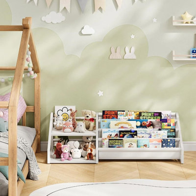 Bibliothèque pour tout-petits avec 2 tablettes ouvertes et support à sangles à 4 niveaux - Organisateur de bibliothèque pour la chambre de bébé, la chambre à coucher ou la salle de jeux (blanc)