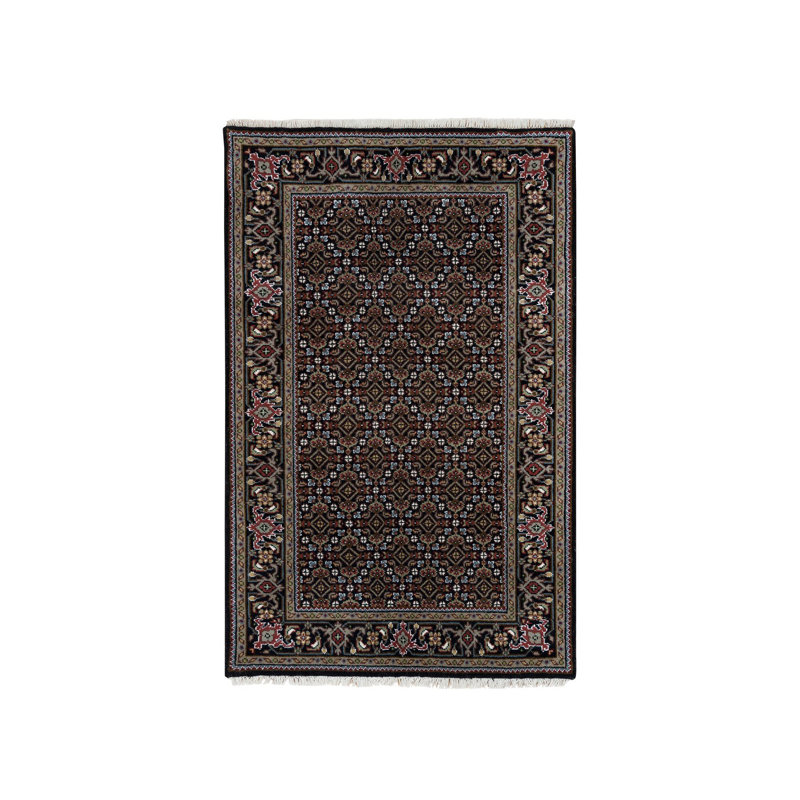 3'1"x5'1" Eerie Black All Over Fish Tabriz Mahi Design Pure Wool Hand Knotted 175 KPSI Rug E9290D29399147DCA27DF9E78F88A4D6