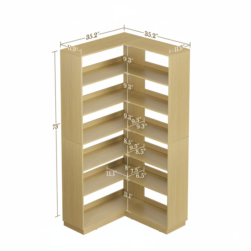 71" Corner Bookshelf, 6 Tier L-Shaped Bookcase, Beige