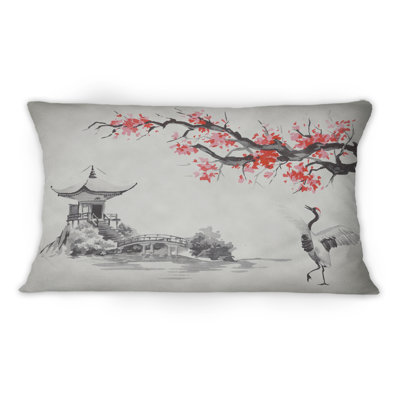 Coussin décoratif à imprimé traditionnel japonais, montagne avec sakura