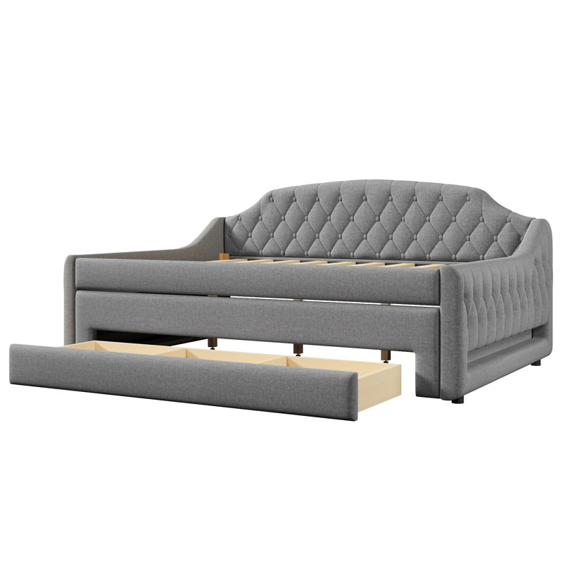 Full Size Upholstered Daybed with LED Belt, Trundle and Three Storage Drawers, Gray Finish, Gray