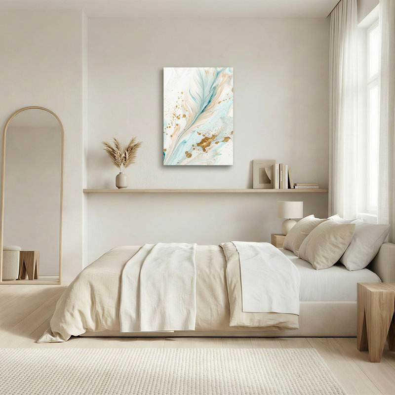 Art mural sur toile blanc et bleu beige avec éclaboussures dorées, H 24 po x l 16 po