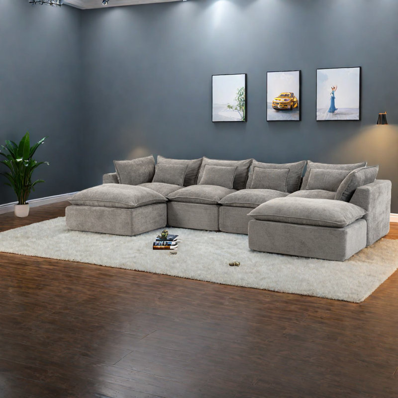Canapés d'angle modulaires modernes, tissu gaufré en coton de 129,8 pouces, 4 places et 2 poufs