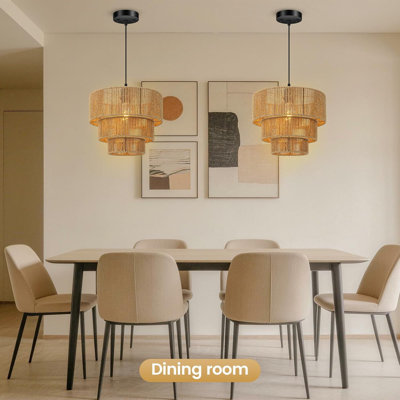 Luminaire de lustre en rotin Boho, luminaire suspendu à 3 niveaux avec abat-jour tissé à la main, lustre de style campagnard de 12,6 po pour salon, îlot de cuisine, chambre à coucher, cordon réglable, brun