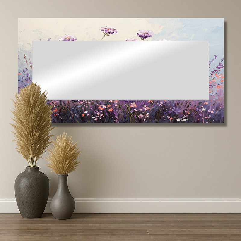 Wildflower Morning Dew In Lavender Field II - décoration murale miroir fleurs sauvages - imprimé sur métal, 28 po x 55 po
