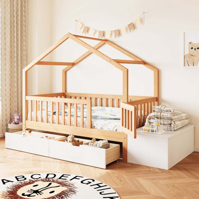 Lit pour tout-petits avec tiroirs de rangement et commode à plateau relevable, lit en bois massif avec barrières de sécurité et barrière, structure de lit de jeu pour enfants, compatible avec les matelas standard pour tout-petits américains