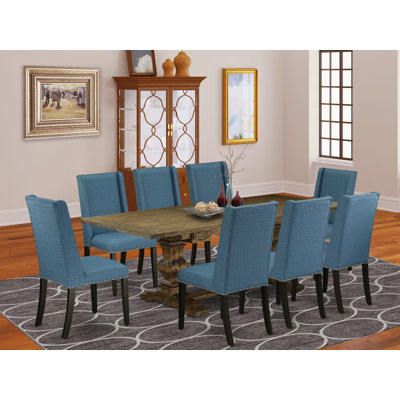 9 Piece Dining Room Furniture Set Includes a Rectangle Wooden Table with Removable Leaf and 8 Blue Linen Fabric Parson Dining Chairs, Distressed Jacobean