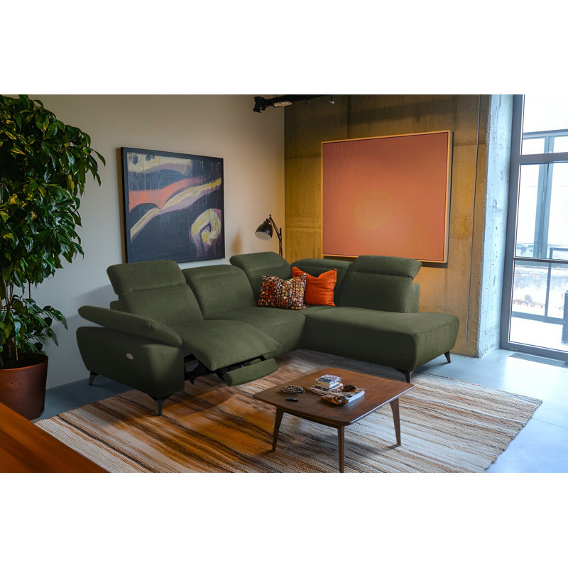 Relaxio Stylish Corner Sofa with Power Reclining & Multi Position Headrests & Adjustable Armrest, Green, Right Hand Facing