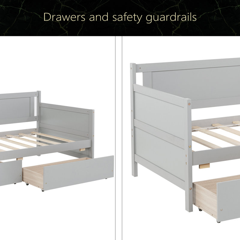 Twin Size Pine Wood Daybed With Two Storage Drawers, Gray