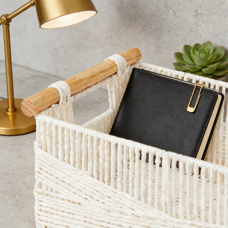 Handwoven Storage Baskets With Wood Handles, Recyclable Paper Rope Decorative Organizer For Living Room, Bedroom, Shelves, And Home Office, Set Of 2