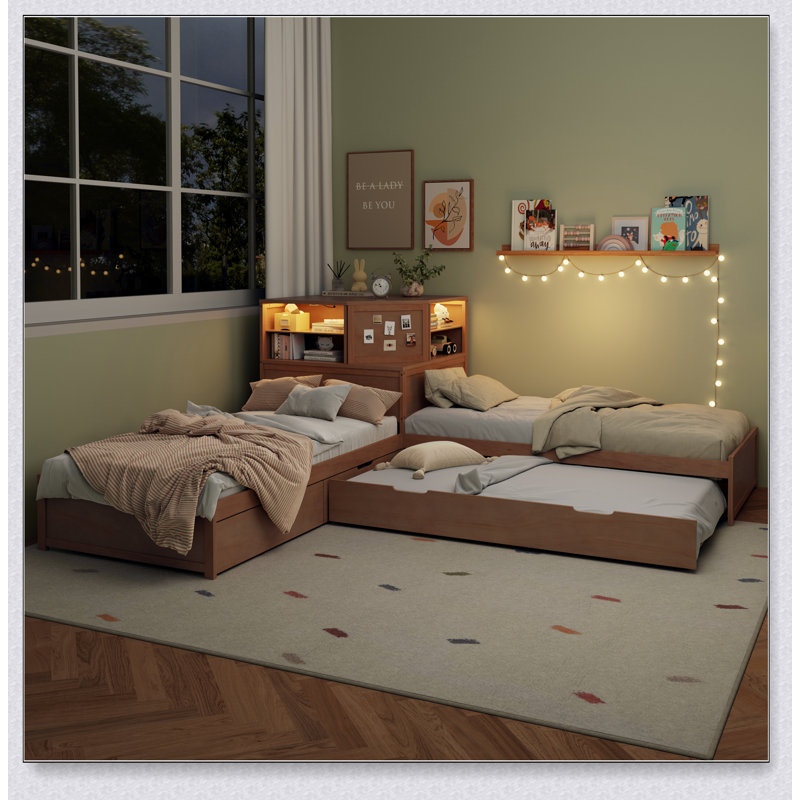 L-Shaped Combination Twin Bed Frame With Trundle And Drawer,3-In-1 Low Corner Platform Bed Linked With Built-In Desk And Led Downlight