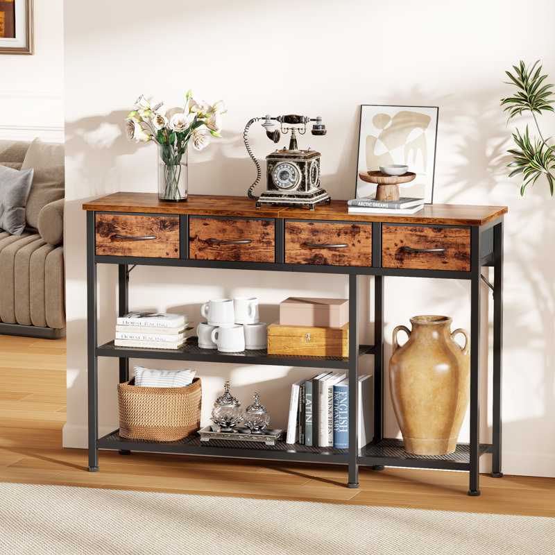 Console industrielle avec canapé brun rustique, étagère à chaussures en maille métallique et 4 tiroirs de rangement en tissu, table de porte d'entrée