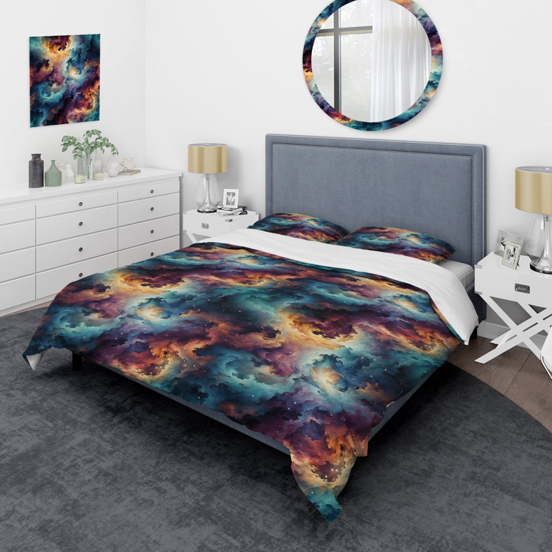 Plaid Galaxy Multicolor Expedition - Ensemble de housse de couette damassé, Housse de couette simple + 1 taie décorative stan