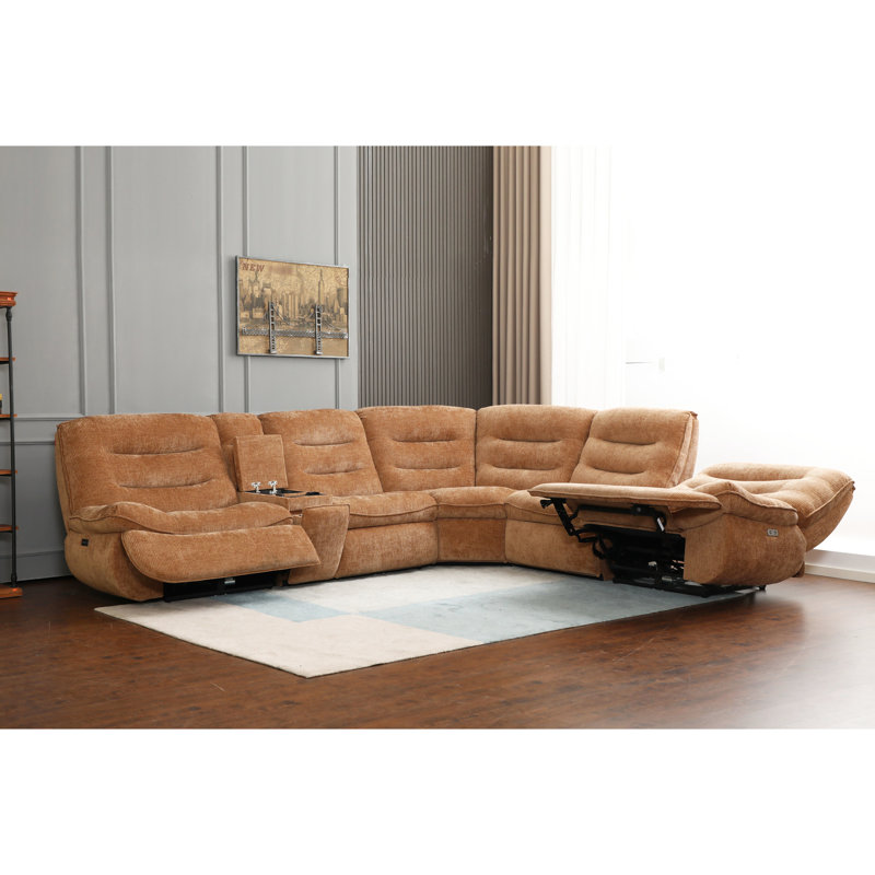 Canapé modulaire en chenille orange avec mouvement électrique exceptionnel, siège en mousse, console et mouvement de charge sans fil animé