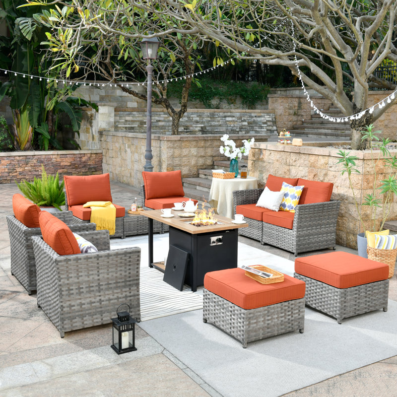 Ensemble de conversation d'extérieur pour 6 personnes avec coussins Kaizon, Orange-rouge