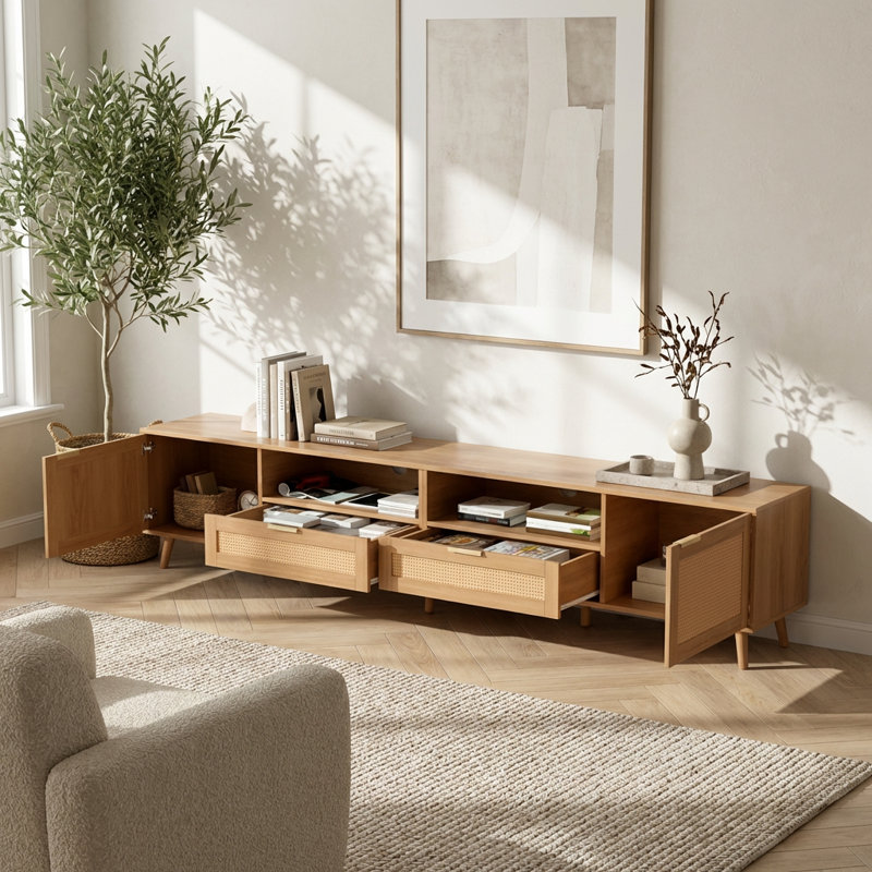 Console média moderne en rotin avec pieds en bois massif pour téléviseur de 90 po ou moins, avec armoires de rangement et tablettes ouvertes