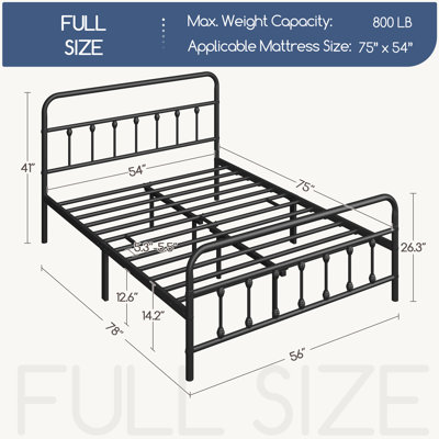 Classic Iron Platform Bed with High Headboard and Footboard