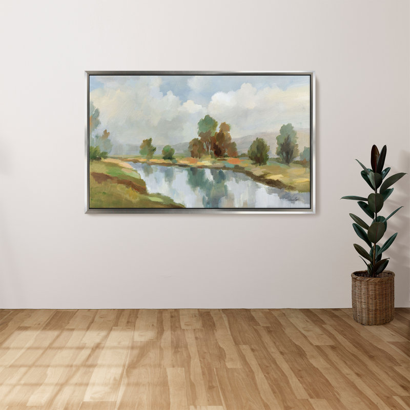 "River and Clouds" par Silvia Vassileva, reproduction sur toile dans un cadre flottant, H 21,5 po x l 33,5 po, Argent argent