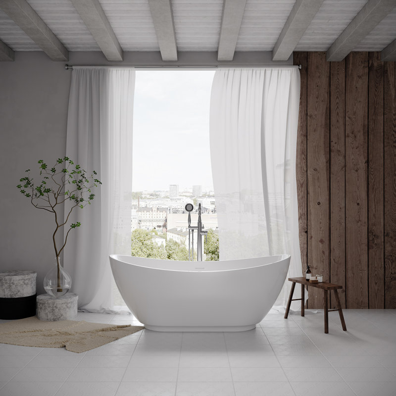 67'' x 28.34'' Freestanding Bathtub, Oval Shaped Acrylic Freestanding Tubs, Acrylic Glossy White Soaking Tub with Overflow and Pop-up Drain