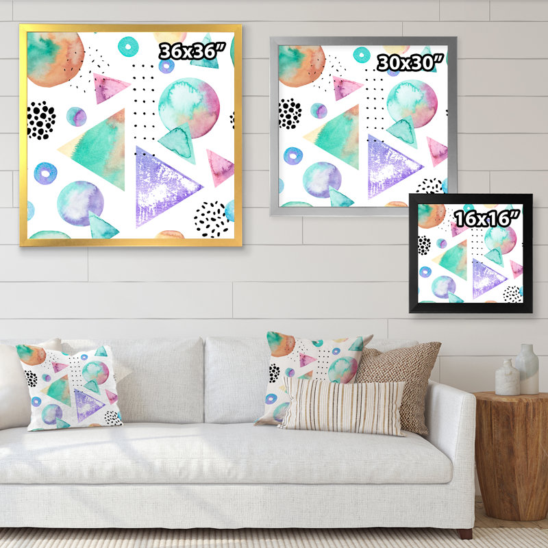 «Retro Triangles, Circles, Polka Dots On White I», reproduction d'art sur toile, Cadre photo argenté, H 30 po x l 30 po