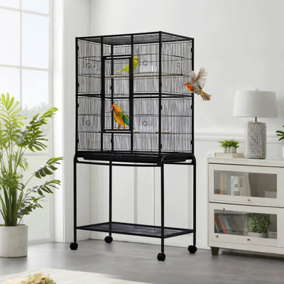 Très grande cage à oiseaux de 62 po avec support roulant et tablette de rangement - cage de vol en fer forgé robuste, verrou sécuritaire - idéal pour les perruches, les perroquets, les cacahuètes, les conures, les tourtereaux - noir, spéc.: 20