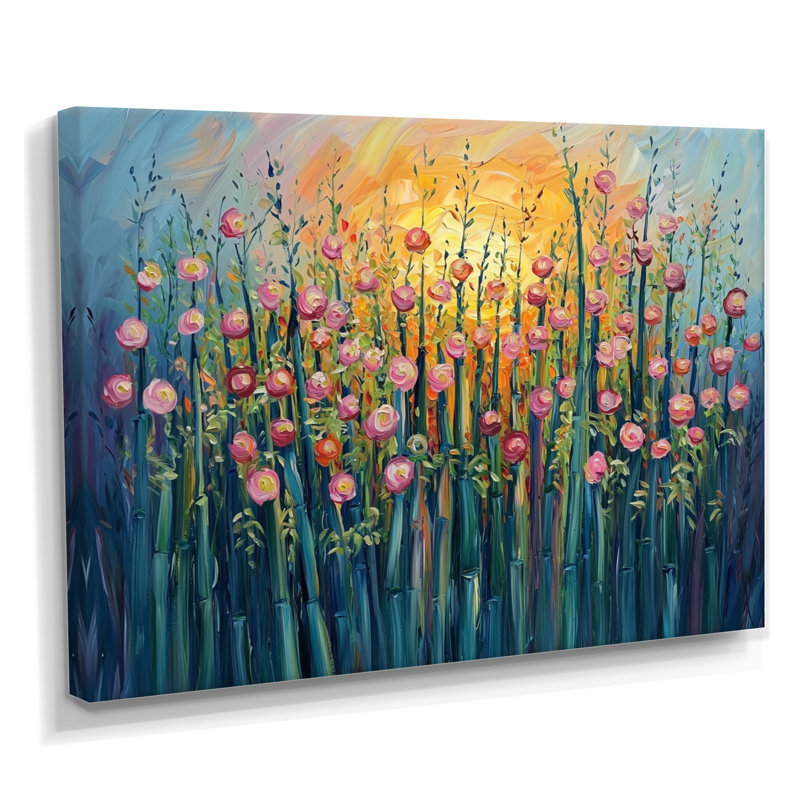 «Sunset Wildflowers Blossoms In The Wild IV», art mural sur toile de bambou, H 30 po x l 40 po, Toile tendue sur cadre