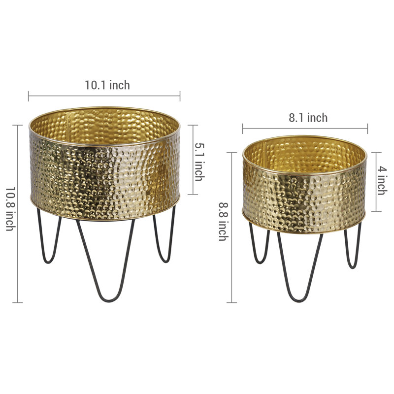 Set of 2 Brass Metal Planter Pots with Stands – Hammered Indoor Plant Containers (8 & 10 Inch)
