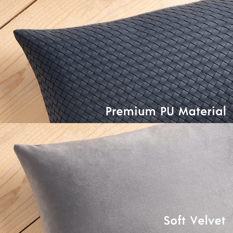 Dark Gray Woven Faux Leather and Velvet Throw Pillows, 18" x 18", Set of 2