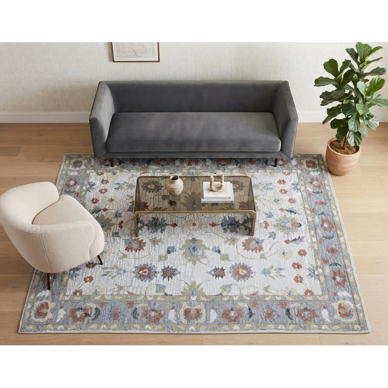 Tapis ivoire / acier en laine Bungalow Rose, Rectangle 7 pi 6 po x 9 pi 6 po
