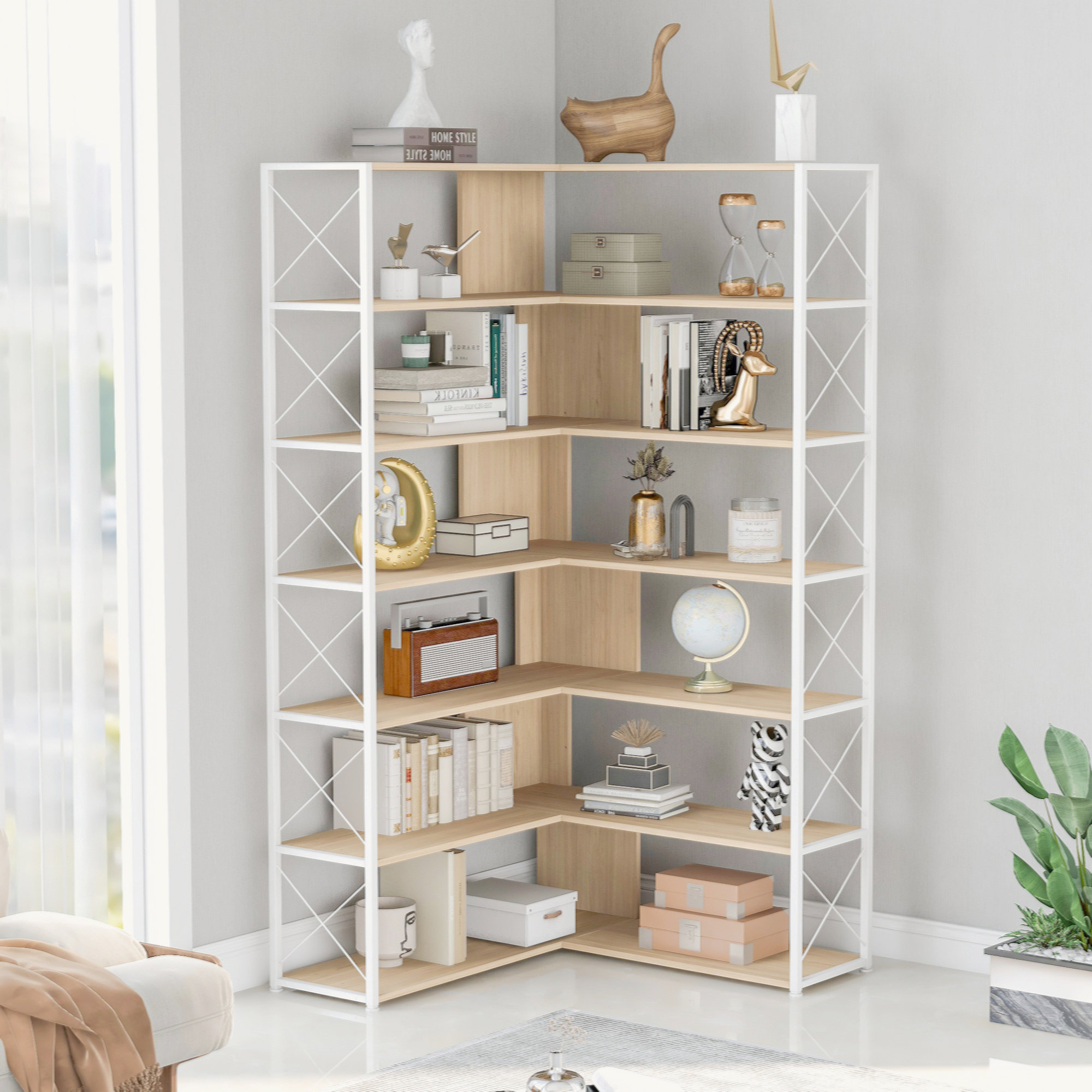 17 Stories 7Tier Bookcase Home Office Bookshelf, LShaped Corner