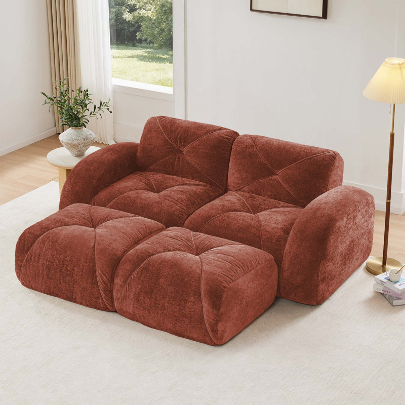 Canapé ergonomique sans dossier à 2 places en velours capitonné avec éponge haute densité 32D et 2 repose-pieds sans assemblage requis