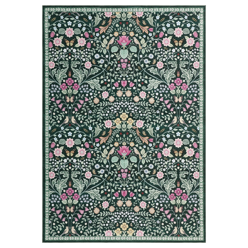 Vintage Floral Area Rug, Non-Slip Washable Low-Pile Botanical Print Stain Resistant Foldable Carpet for Living Room, Bedroom, Kitchen, Hallway