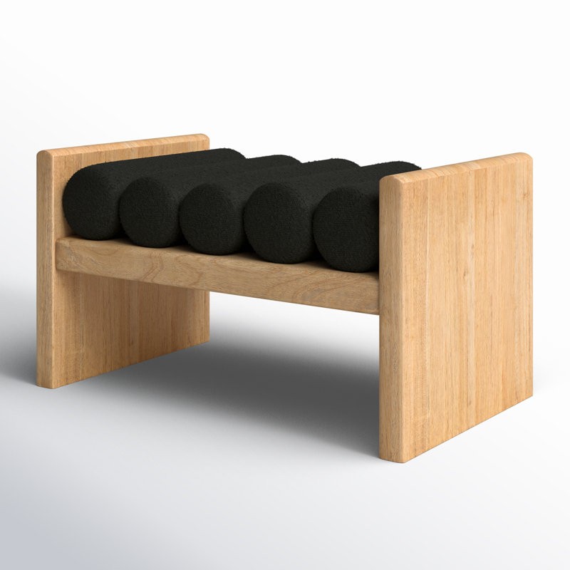 Banc en bois Boucle, H 18 po x l 32 po x P 19 po, Tissu noir bouclé / finition naturelle