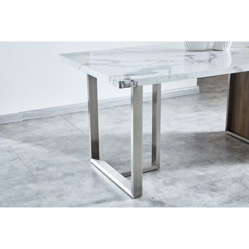 Table de salon rectangulaire classique, l 63 po x l 35,4 po x H 29,8 po, pieds blancs, noyer et acier inoxydable, et gracieux, facile à assembler