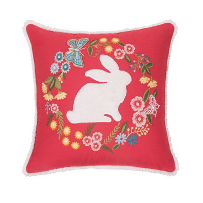 Spring Bunny Applique and Embroidered Wreath Decorative Throw Pillow