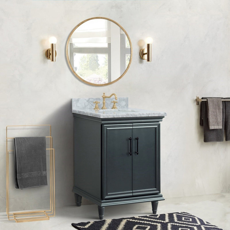 Single Vanity and Oval Sink, White Carrara Marble, 25"