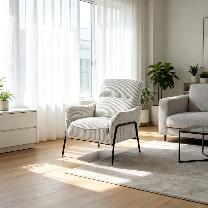 Chaise d'appoint moderne à rayures, fauteuil rembourré simple avec structure en métal noir, chaise longue rembourrée confortable, chaise d'appoint de lecture pour le bureau de la chambre à coucher, chaise de loisirs texturée verte | Fauteuil d'appoint rembourré moderne à rayures Modern