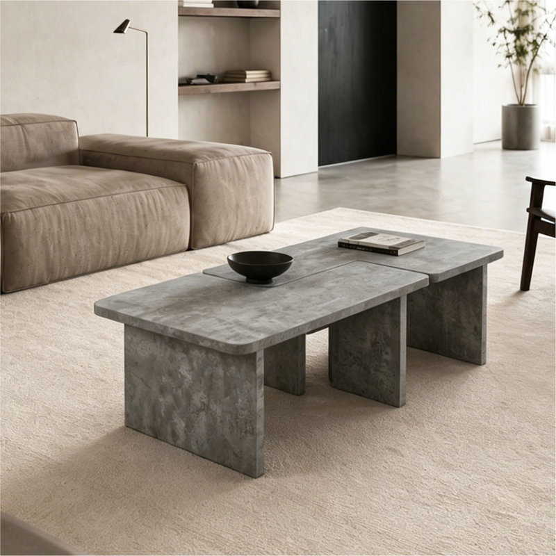 Ensemble de 2 tables basses modulables en béton, ensemble de 2 tables gigognes en forme de L, table carrée d'aspect pierre ou rectangulaire avec pieds en dalle pour un salon industriel moderne