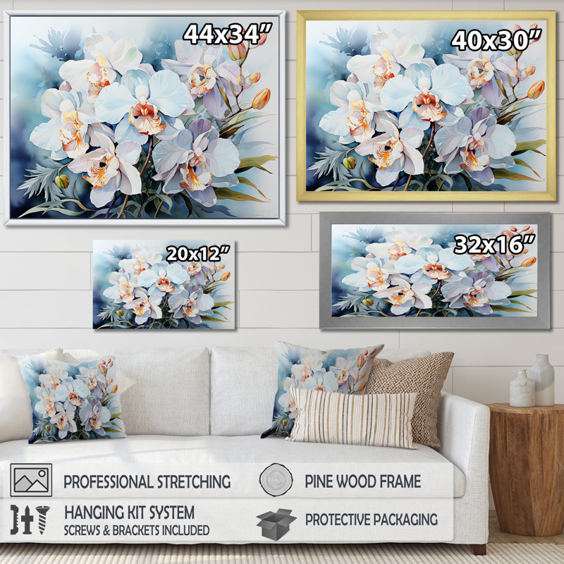 Orchidées grises sur la plage sur toile, Cadre doré simple, H 12 po x l 20 po x P 1 po