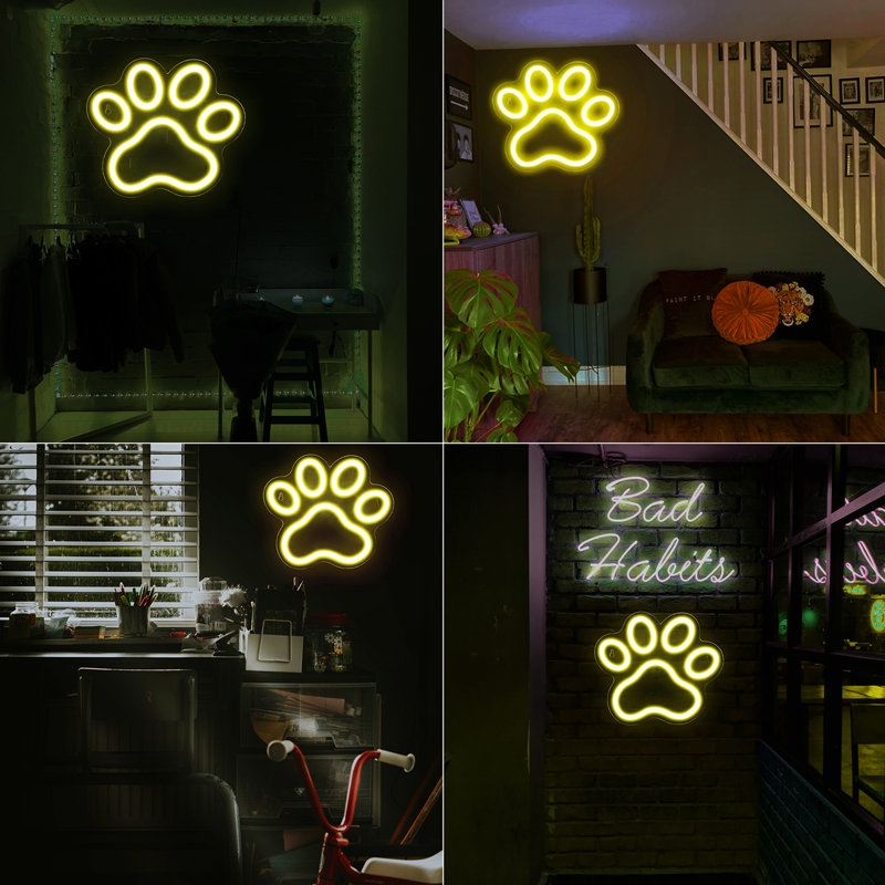 9,8 x 8,66 pouces avec empreintes de pattes pour chien, lumières néon pour empreintes de pattes, décoration murale, Jaune