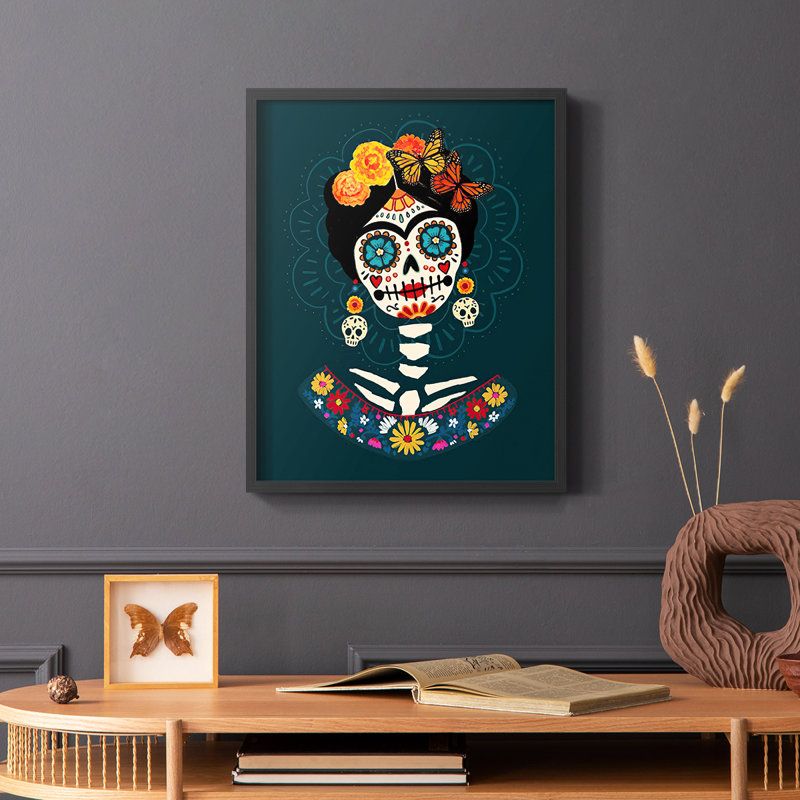 «Bright Day of the Dead II», reproduction encadrée - bois massif, H 28 po x l 22 po, Cadre simple noir