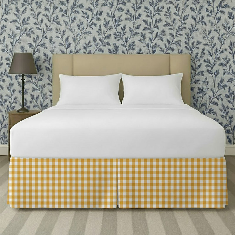 Gingham Pattern Tailored Bed Skirt 15" Drop Length, Gold, California King