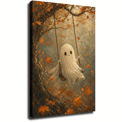 Mignon sourire fantôme se balançant sur un arbre se balançant parmi des feuilles d'érable automnales, peinture à l'huile sur toile
