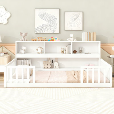 Montessori Floor Bed With Bedside Bookcase,shelves And Guardrails For Kids,girls,boys
