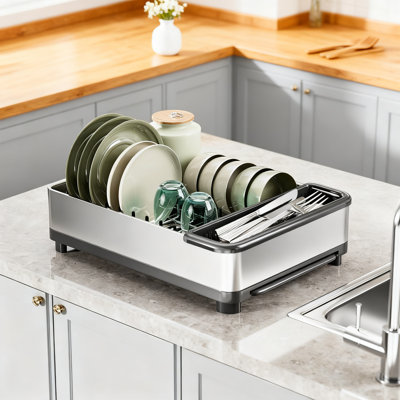 Stainless Steel Dish Drying Rack With Automatic Drainage, Space Saving Kitchen Organizer With Utensil And Cup Holders For Countertop