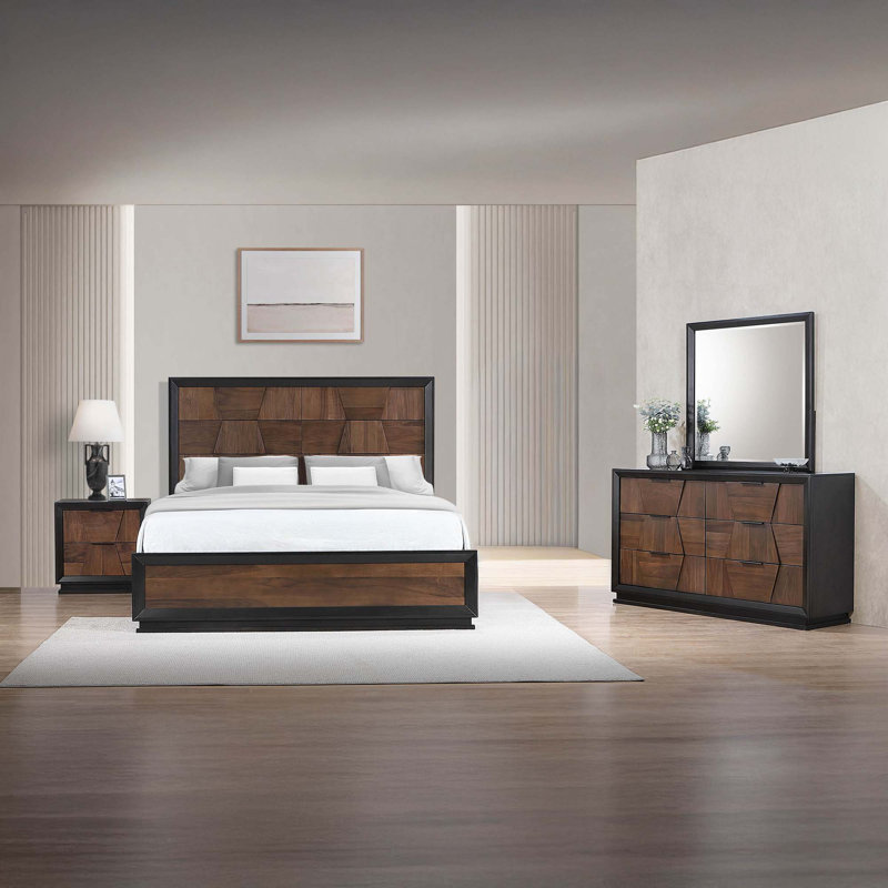 Ensemble de chambre à coucher de style traditionnel, 4 pièces : Lit, une table de chevet, commode, mir, Grand